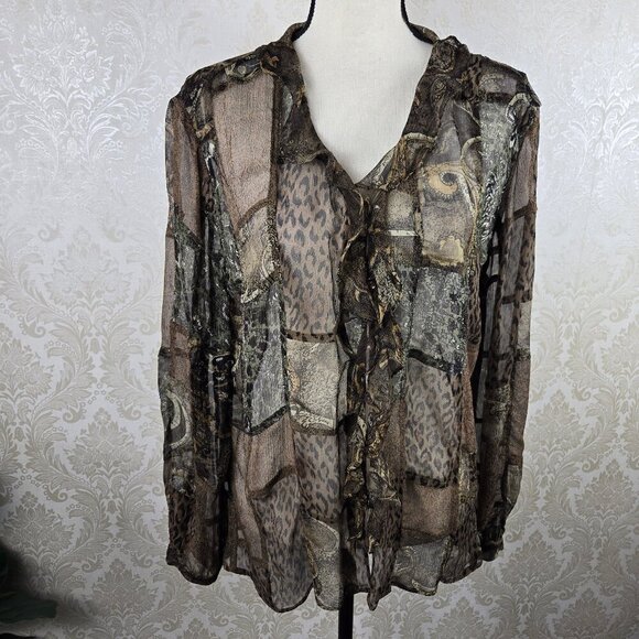 Chico's Size 2 (US Large) 100% Silk Animal Print Patchwork Blouse Ruffle Buttons - Picture 1 of 12